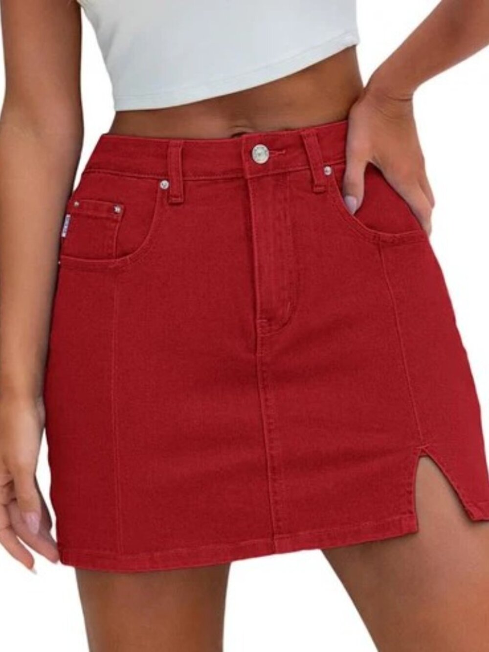 Genleck Red Stretch Denim Skort High Rise Side Slit Size XL